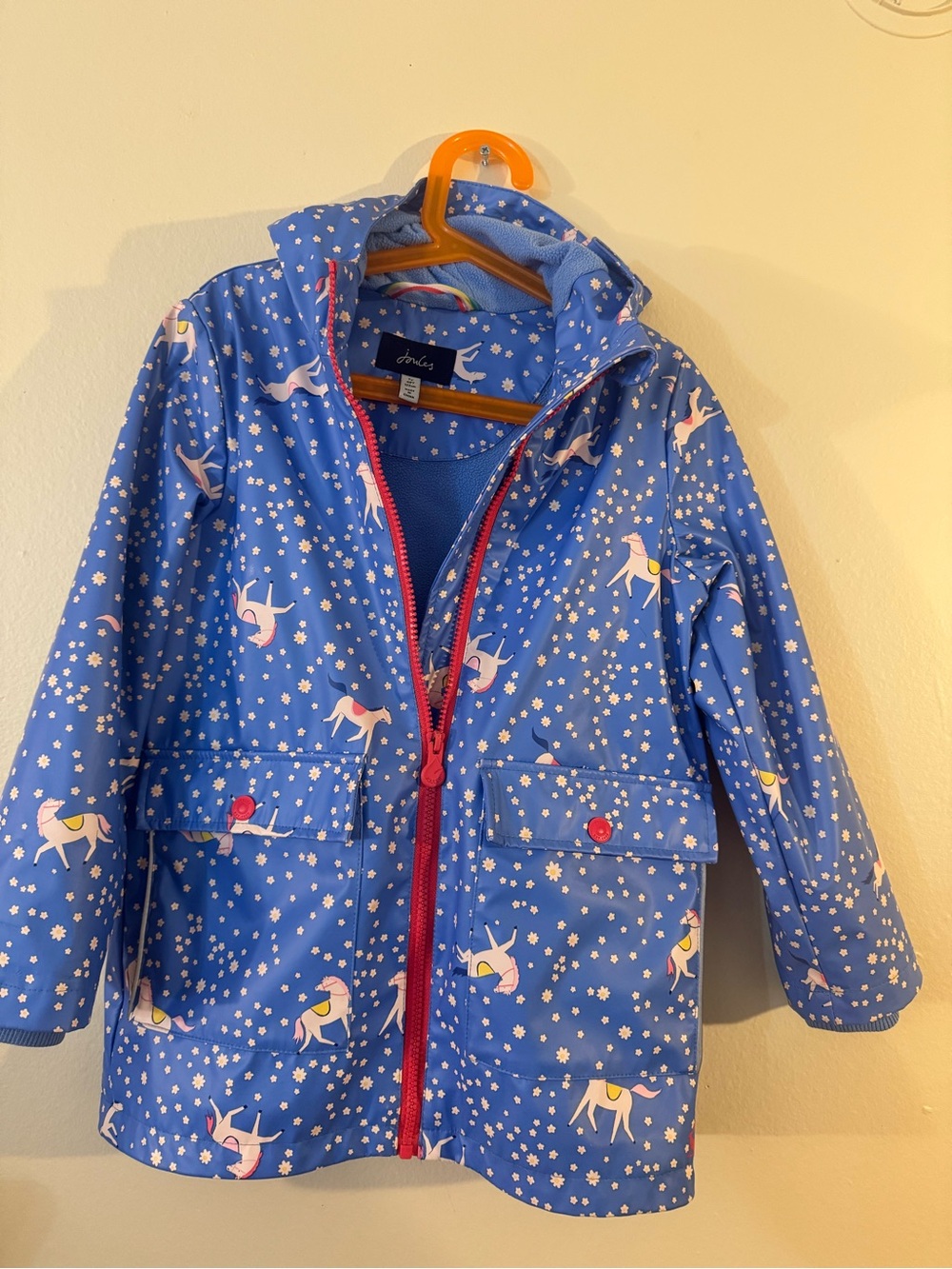 Joules Blue Unicorn Print Hooded Raincoat sz 7/8 Fleece Lined